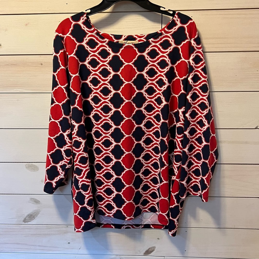 Alexa Rae Geometric Pattern Red White Blue Blouse Size 2X